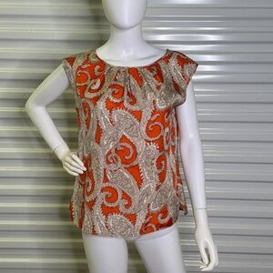 Talbots Size 8 Button Back Sleeveless Top Orange Paisley Print Satin Tank